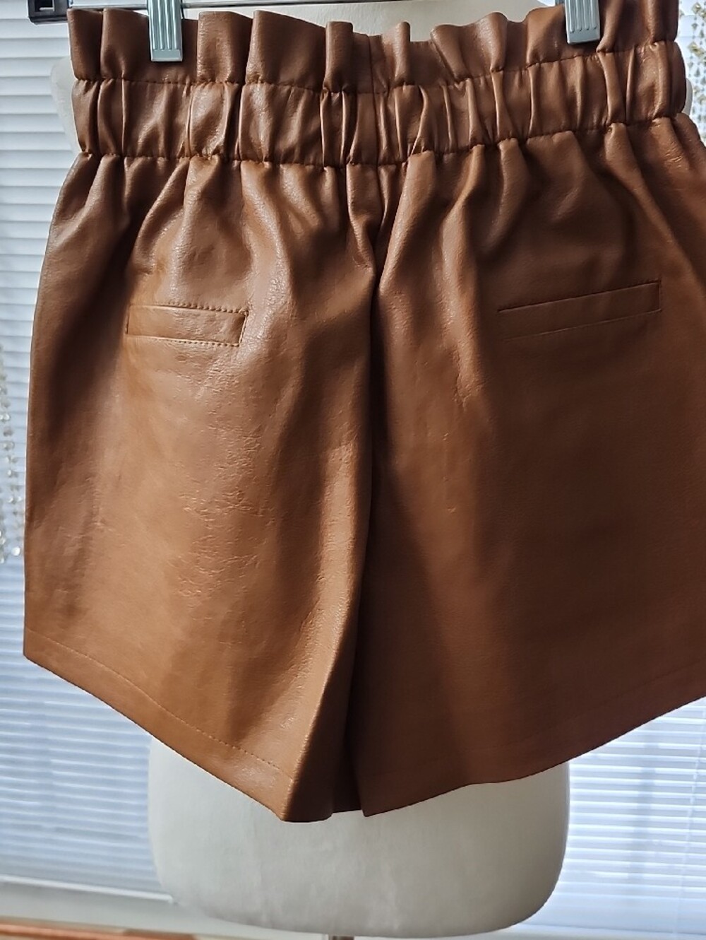 Women's Faux Leather Paperbag Waist Shorts - Tan - Picture 3 of 5